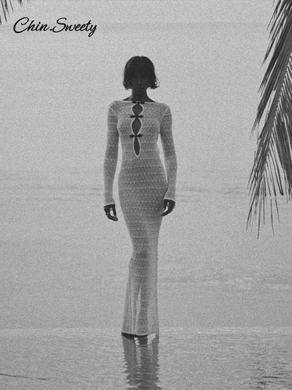 Sexy Hollow Out Knitted Maxi Dress Women Long Sleeve O-neck White Black Holiday Dresses Female 2025 Summer Lady Slim Fit Robes