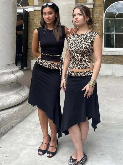 Leopard Sexy 2 Piece-Set Skirt Female Contrast Lace-Up Cropped Pullover And High Waist Skirt Sets Bandage Women’s Outfits