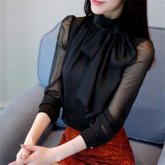 Blusa tipo túnica de verano para mujer, de manga larga, con lazo y cuello alto de gasa, estilo formal, en blanco y negro, DF4905