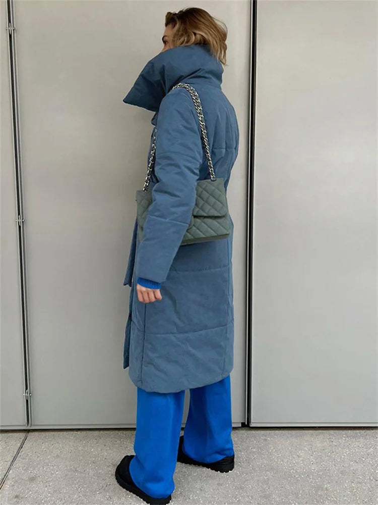 Parkas de invierno para mujer, abrigo holgado con cordones, cintura alta, manga larga, bolsillo, solapa, estilo vendaje, color liso