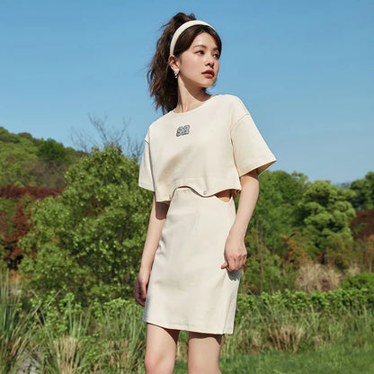 Dress Women Letter T-Shirt Solid Color  New Summer Short Suit Two-Piece Set