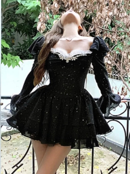 Vestidos cortos negros Y2K para mujer, con diamantes, cuello cuadrado, mangas acampanadas, cintura alta, corte A, para fiesta de cumpleaños, graduación, minivestidos