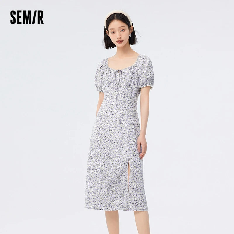 Vestido de gasa con abertura para mujer, romántico, nuevo, de verano, con cuello cuadrado Mori, vestido de té fragmentado.