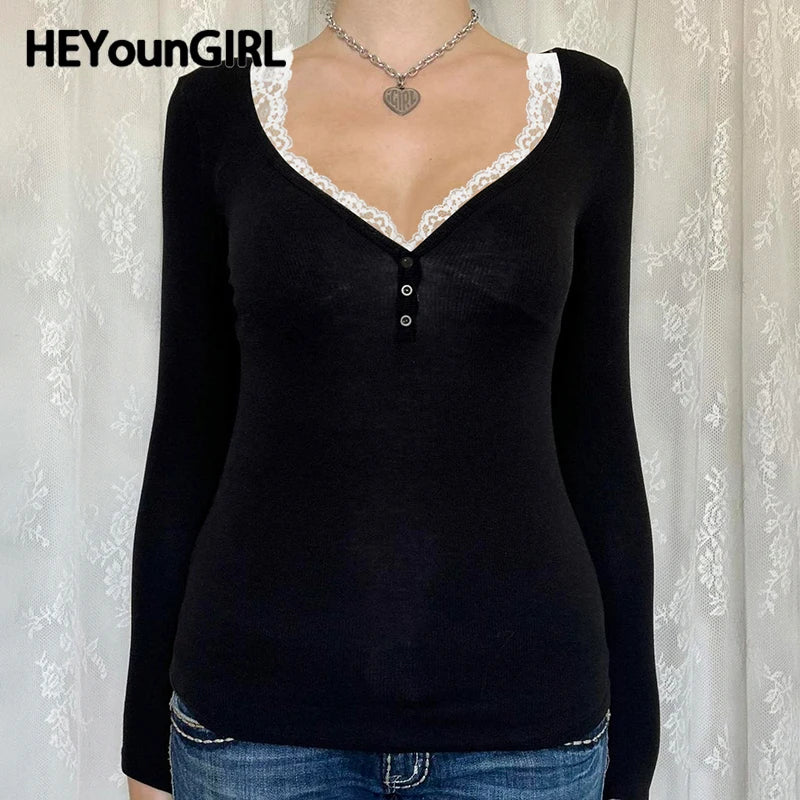 Contrast Lace Crew Neck Top Spring Casual Y2K Long Sleeve Buttons T-shirt Knitted Slim Basic Tee Shirt Streetwear 90s