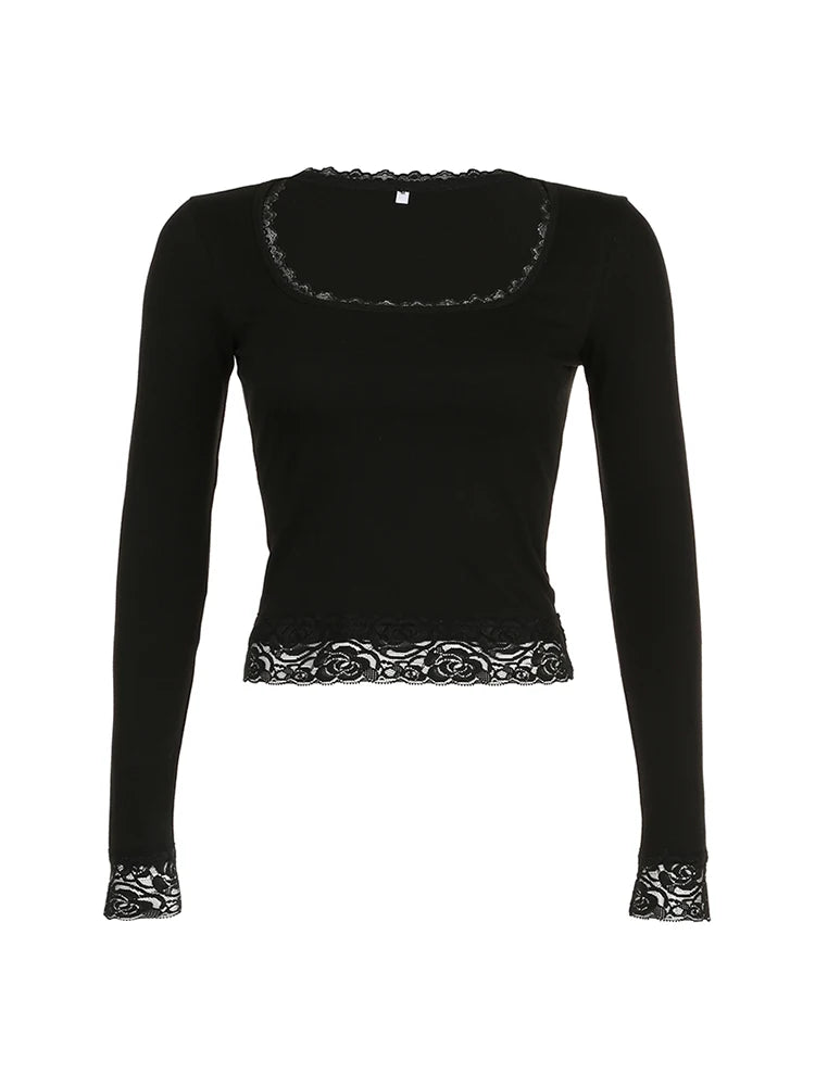Camiseta de manga larga ajustada con cuello cuadrado y ribete de encaje, color negro, lisa, sencilla, básica, para primavera y otoño, para mujer, ropa de calle Y2K