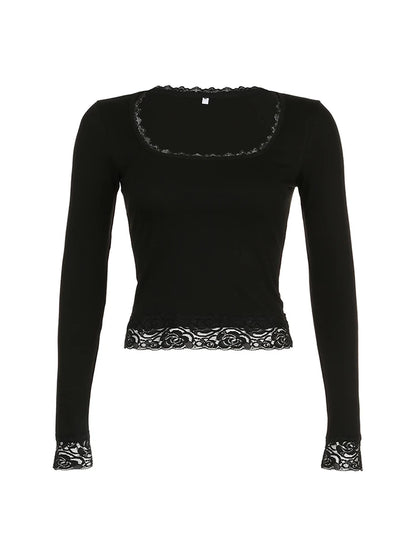 Camiseta de manga larga ajustada con cuello cuadrado y ribete de encaje, color negro, lisa, sencilla, básica, para primavera y otoño, para mujer, ropa de calle Y2K