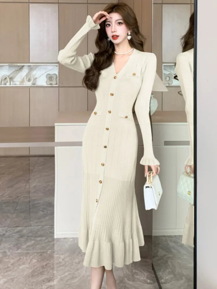 Vestidos de punto lisos de otoño para mujer, elegantes vestidos de oficina informales con mangas acampanadas, dobladillo con volantes y botonadura sencilla