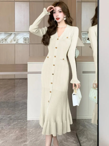 Vestidos de punto lisos de otoño para mujer, elegantes vestidos de oficina informales con mangas acampanadas, dobladillo con volantes y botonadura sencilla
