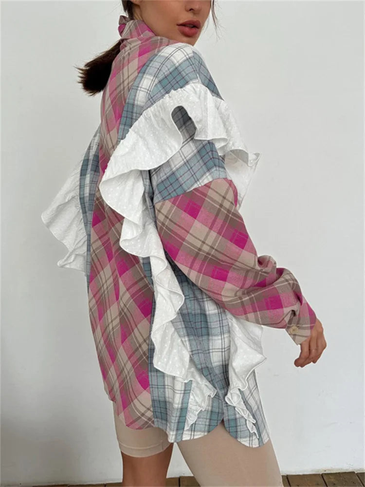 Camisas de patchwork con volantes de moda para mujer, cárdigan de solapa de manga larga, ropa de contraste a rayas para mujer, camisas de verano, abrigo