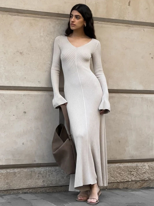 Vestido retro de punto con cuello en V para mujer, suéter de canalé para otoño e invierno, vestido largo elegante, ajustado, con mangas acampanadas, ropa para mujer