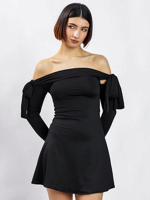 JULISSA MO 2025 Autumn Fashion Strapless Long Sleeve Bow Mini Dress For Women Sexy Slim A-line Outfits Solid Patchowrk Dress New