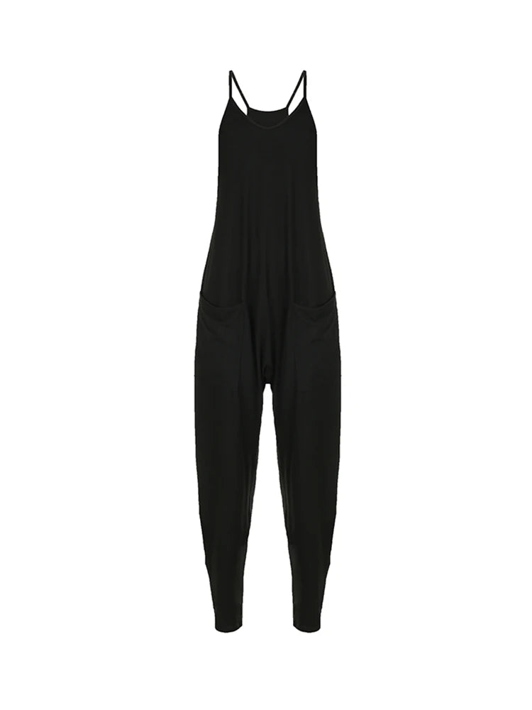 Monos de mujer con tirantes y bolsillos holgados estilo hippie, estilo informal, ropa de calle