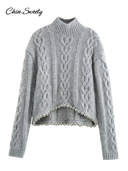 Vintage Beading Twist Pullover Women Knit Gray Long Sleeve High Collar Sweater Lady 2025 High Street Lady All-matching Knitwear