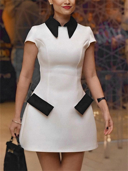Vestido mini de verano con contraste para mujer, cintura alta, patchwork, solapa, ajustado, elegante, estilo urbano