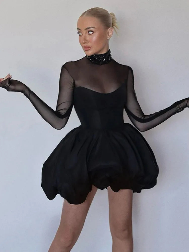 Vestido mini sexy de cuello alto transparente de manga larga para mujer, negro, transparente, de cintura alta, corte A, para fiesta, club, elegante