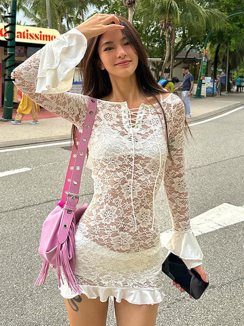 Vestido Fantoye sexy de encaje transparente para mujer, blanco, con hombros descubiertos y mangas acampanadas, ajustado, elegante, para fiesta, ropa de calle, primavera 2025