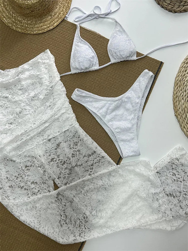 Conjunto de 3 piezas de verano para mujer, traje de baño sexy con escote en V, top transparente con espalda descubierta y pantalones estampados.