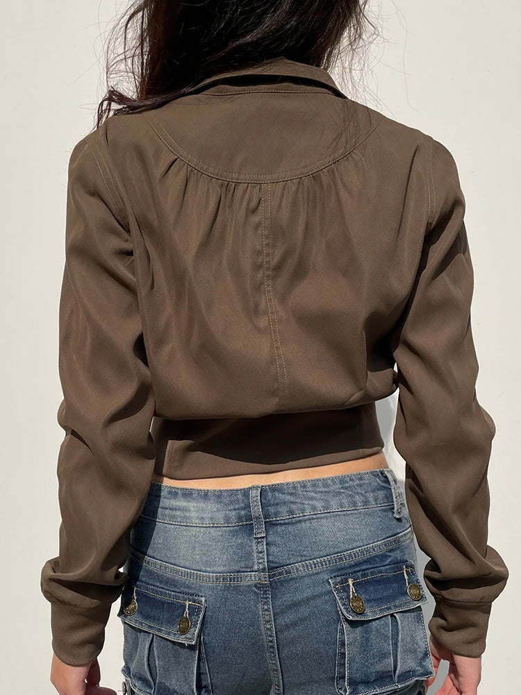 Chaquetas cargo marrones con cremallera, cuello alto, bolsillos, manga larga, estilo vintage informal para mujer