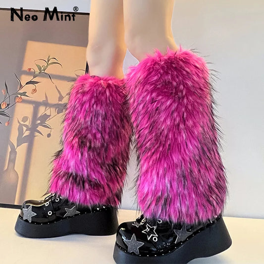 Calentadores de piernas de zorro sintético esponjosos de marca de lujo para mujer, cubrebotas gruesos y cálidos con pelo, estilo Harajuku chic, estilo Y2K