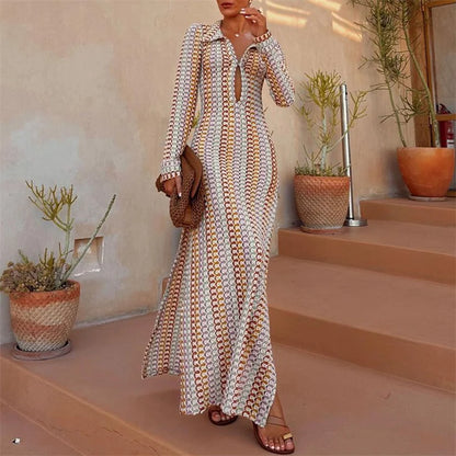 Crochet Dress y2k Clothes Women Geometric Print Turn Down Collar Long Sleeve Long Dresses Vintage Beach Party Dresses