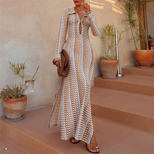 Crochet Dress y2k Clothes Women Geometric Print Turn Down Collar Long Sleeve Long Dresses Vintage Beach Party Dresses