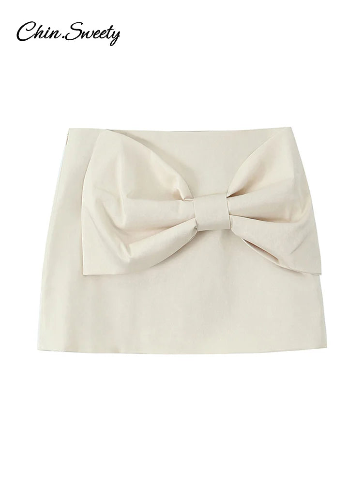White Bow Bodysuit Mini Skirt Suit Women Slim O-neck Sleeveless Jumpsuits A-line Mini Skirts 2025 Summer New in Matching Outfit