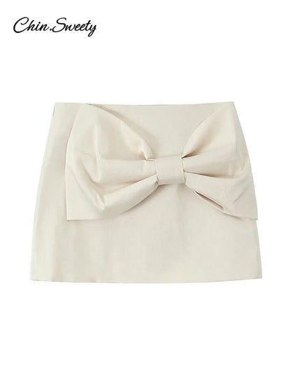 White Bow Bodysuit Mini Skirt Suit Women Slim O-neck Sleeveless Jumpsuits A-line Mini Skirts 2025 Summer New in Matching Outfit