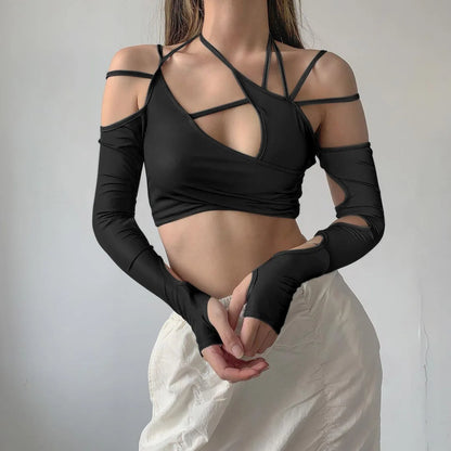 Blusa de verano Y2K para mujer, nueva, de color liso, con cuello halter y espalda corta, con mangas, estilo europeo y americano