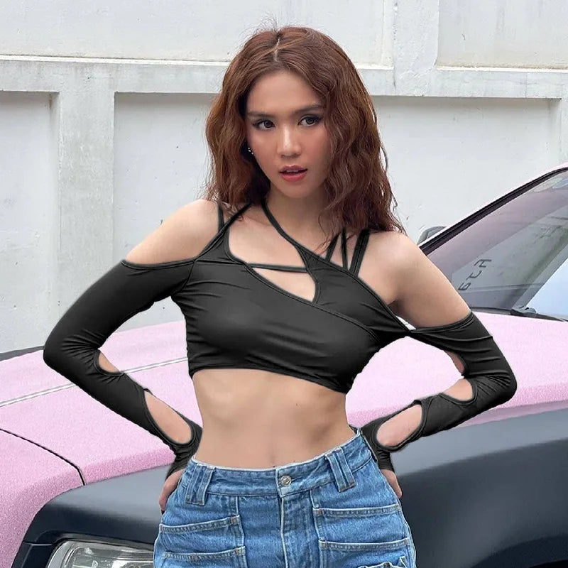 Blusa de verano Y2K para mujer, nueva, de color liso, con cuello halter y espalda corta, con mangas, estilo europeo y americano