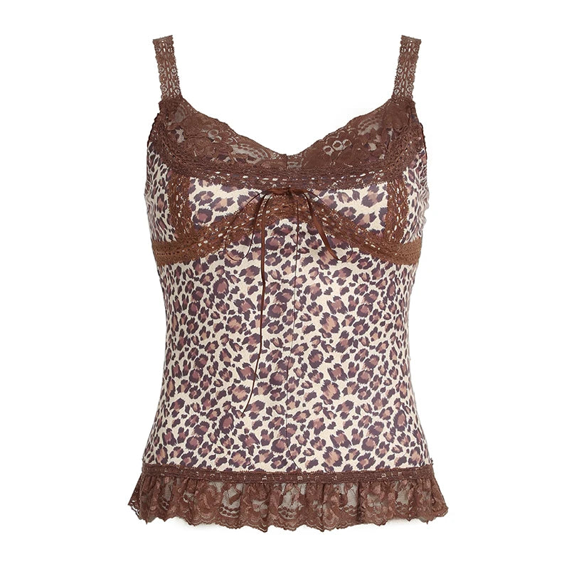Y2k Leopard Lace Trim V-Neck Halter Tops Women Sexy Slim Hotsweet Bow Lace Up Tanks s New