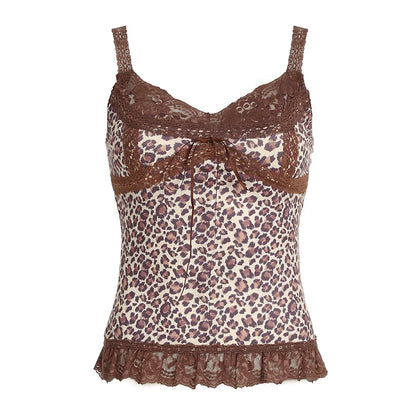 Y2k Leopard Lace Trim V-Neck Halter Tops Women Sexy Slim Hotsweet Bow Lace Up Tanks s New