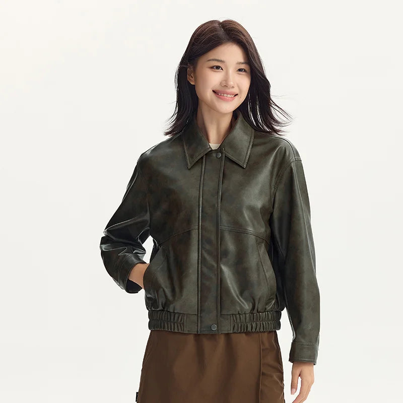 Abrigo para mujer, cuello holgado, estilo moderno, estilo urbano, otoño, nuevo, retro, texturizado, chaqueta de cuero PU.