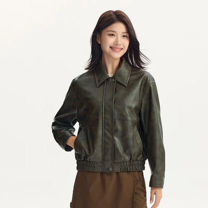 Abrigo para mujer, cuello holgado, estilo moderno, estilo urbano, otoño, nuevo, retro, texturizado, chaqueta de cuero PU.