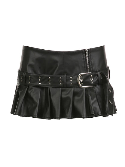 Falda plisada de cuero sintético negro con cremallera y cinturón con remaches, estilo gótico punk, para mujer. Trajes sexys de chica mala.