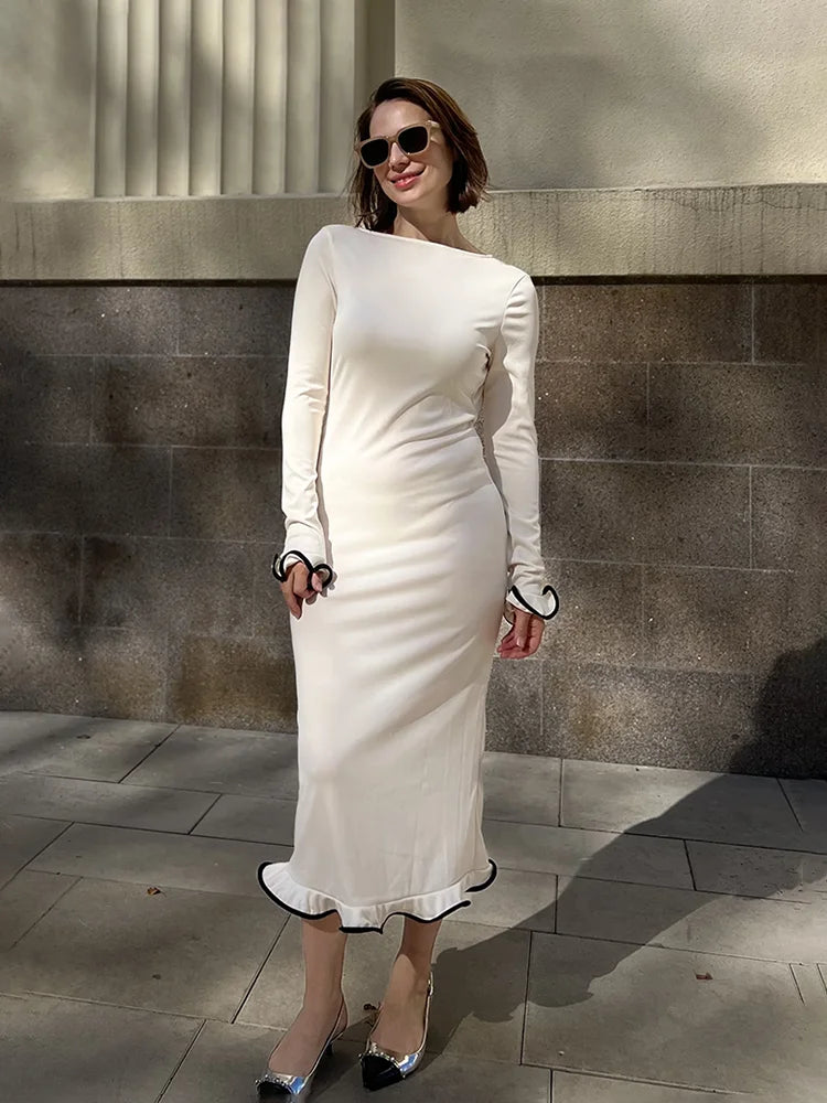 Vestido largo ajustado y sexy para mujer, con volantes, espalda descubierta, manga larga, color contrastante, moda de otoño
