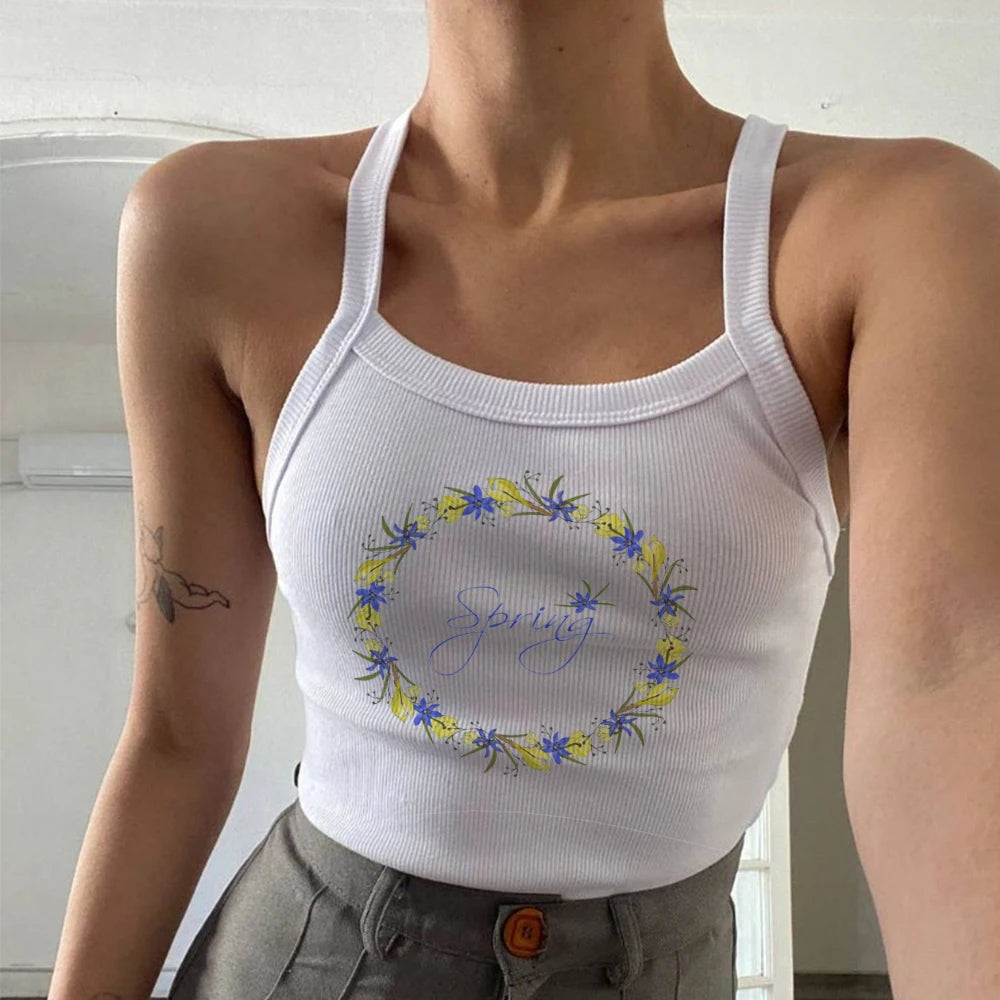 Camiseta de manga corta con cuello halter para mujer, estilo Y2K, con texto artístico, nueva temporada de estampado callejero de Europa y Estados Unidos