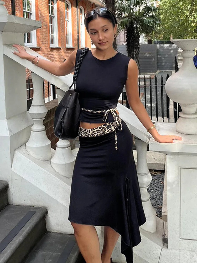Fashion Double Wear Skirt Suit Female Leopard Print Lace Up Sleeveless Vest Irregular Splice Skirt Two Pieces Set Women’s