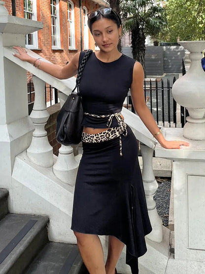 Fashion Double Wear Skirt Suit Female Leopard Print Lace Up Sleeveless Vest Irregular Splice Skirt Two Pieces Set Women’s