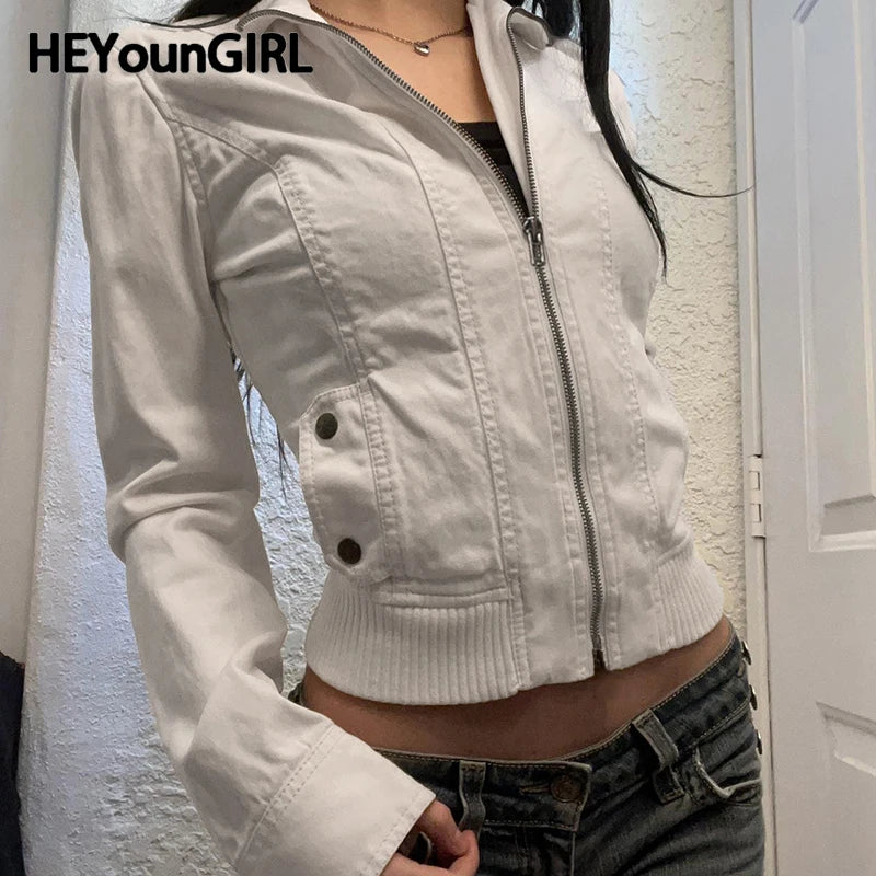 Abrigo con cremallera retro americano de invierno Y2K, chaqueta minimalista lisa de corte entallado con bolsillo, atuendo informal grunge para mujer