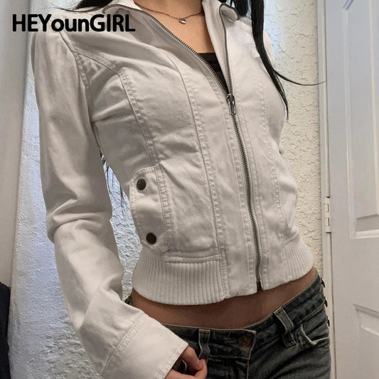 Abrigo con cremallera retro americano de invierno Y2K, chaqueta minimalista lisa de corte entallado con bolsillo, atuendo informal grunge para mujer