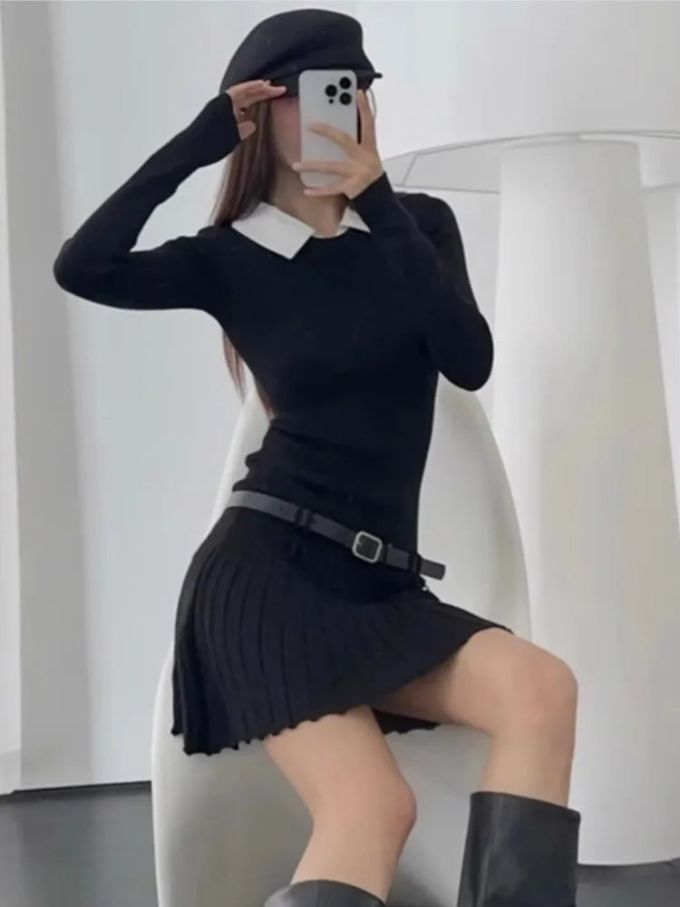 Korean Fashion Knitted Short Dresses for Women Autumn New Patchwork Long Sleeve Pleated A-line Y2K Sexy Party Dress with Belt