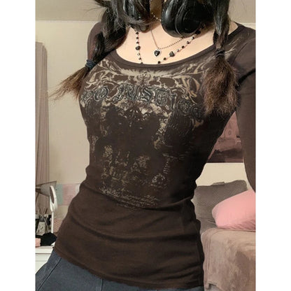Camiseta gótica punk grunge con estampado de letras gráficas estéticas vintage, tops de manga larga Y2K, ropa de calle para mujer de los años 2000