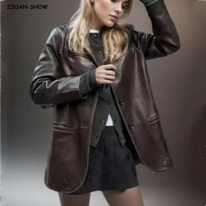 Blazer retro americano para mujer, de cuero sintético marrón y rojo, con cuello entallado, manga larga, estilo midi, holgado, de gran tamaño