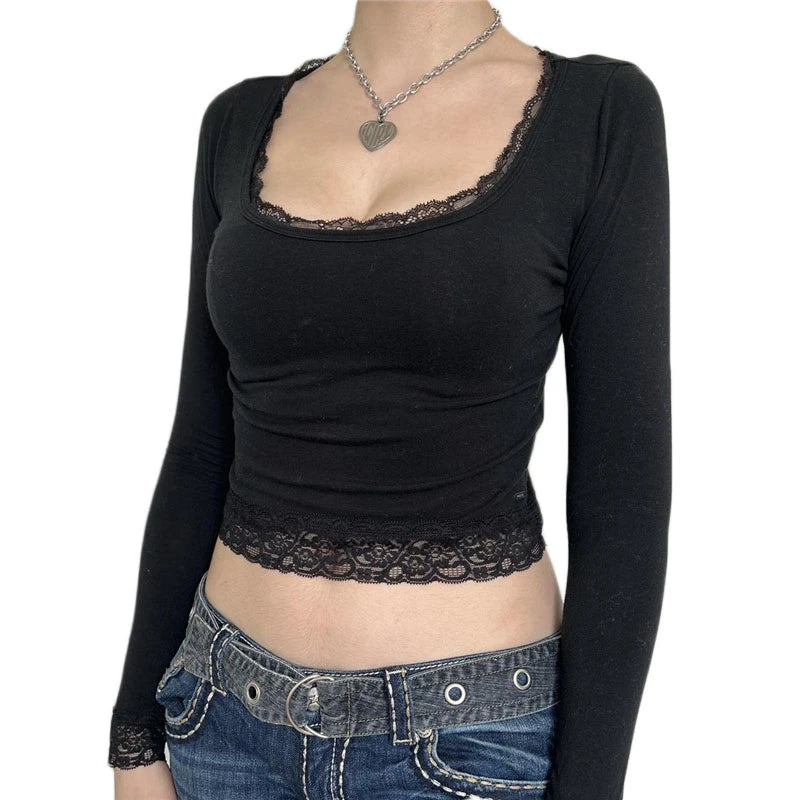 Camiseta de manga larga con cuello cuadrado y estampado de hadas estilo Y2K para mujer, estilo gótico, estilo urbano