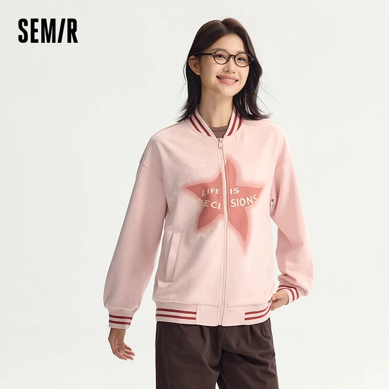 Abrigo de mujer de largo medio de gamuza sintética, chaqueta holgada de color contrastante, abrigo de béisbol con estrellas estilo retro americano con letras de otoño