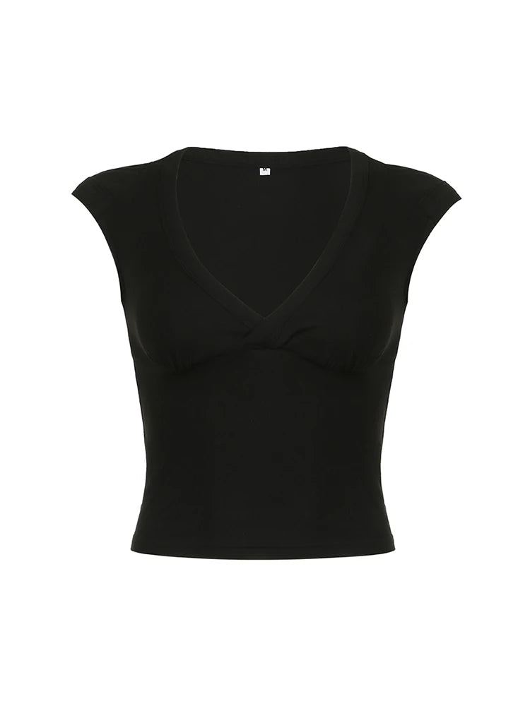 Camiseta corta de manga corta para mujer, color blanco, liso, básica, ajustada, con busto bajo, escote en V, color negro, sencilla, a la moda, para verano