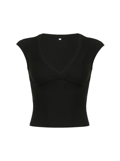 Camiseta corta de manga corta para mujer, color blanco, liso, básica, ajustada, con busto bajo, escote en V, color negro, sencilla, a la moda, para verano