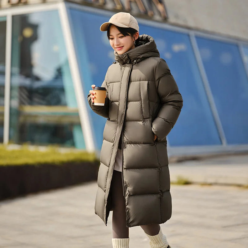 Chaqueta de plumón para mujer, larga, triple capa, versátil, actualizada, de invierno, nueva, holgada, con capucha, sencilla.