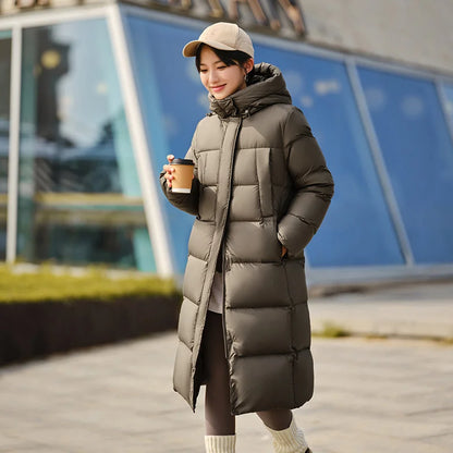 Chaqueta de plumón para mujer, larga, triple capa, versátil, actualizada, de invierno, nueva, holgada, con capucha, sencilla.