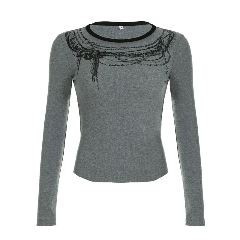 Blusas de manga larga con cuello redondo y estampado de cadena sólida para mujer, estilo gótico, punk, chic, moda de otoño, básicas y modernas.